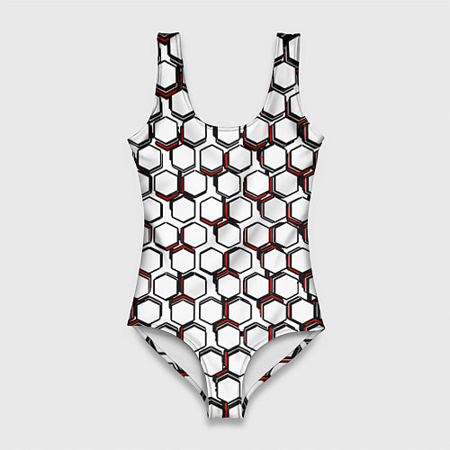 Женский купальник-боди Киберпанк узор из шестиугольников красный / 3D-принт – фото 1