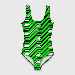 Купальник-боди 3D женский Чёрно-зелёный линейный узор киберпанк, цвет: 3D-принт