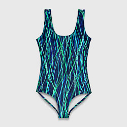 Купальник-боди 3D женский Тёмно-синий абстрактный неоновые линии, цвет: 3D-принт
