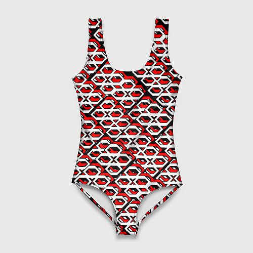 Женский купальник-боди Красно-белый узор на чёрном фоне / 3D-принт – фото 1