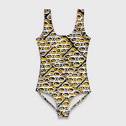 Купальник-боди 3D женский Жёлто-белый узор на чёрном фоне, цвет: 3D-принт