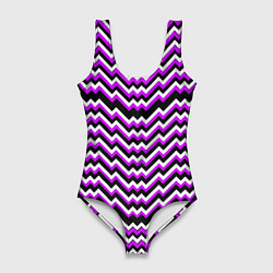 Купальник-боди 3D женский Фиолетовые и белые ломаные линии, цвет: 3D-принт