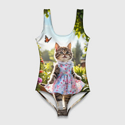 Женский купальник-боди Кошка в летнем платье в саду