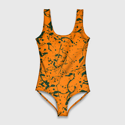 Женский купальник-боди Оранжевый с брызгами зеленой краски / 3D-принт – фото 1