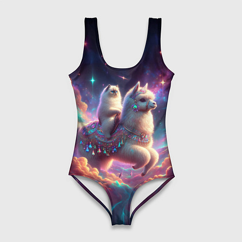 Женский купальник-боди Космос и кот едет верхом на альпаке / 3D-принт – фото 1