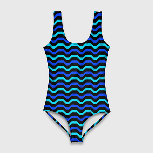 Женский купальник-боди Синие и голубые полосы на чёрном фоне / 3D-принт – фото 1