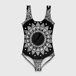 Купальник-боди 3D женский Мандала черно-белая с лепестками, цвет: 3D-принт