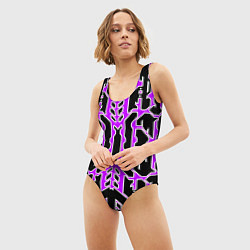 Купальник-боди 3D женский Техно фиолетовые линии с белой обводкой на чёрном, цвет: 3D-принт — фото 2