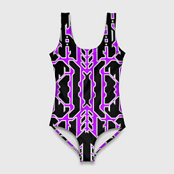 Купальник-боди 3D женский Техно фиолетовые линии с белой обводкой на чёрном, цвет: 3D-принт