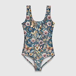 Купальник-боди 3D женский Летний узор с цветами и бабочками, цвет: 3D-принт