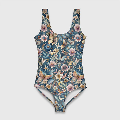 Женский купальник-боди Летний узор с цветами и бабочками / 3D-принт – фото 1