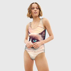 Купальник-боди 3D женский Мемный кот Grumpy Cat с нимбом, цвет: 3D-принт — фото 2