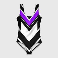 Купальник-боди 3D женский Фиолетово-белые полосы на чёрном фоне, цвет: 3D-принт