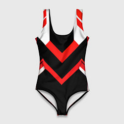 Купальник-боди 3D женский Красно-белые полосы и чёрный фон, цвет: 3D-принт