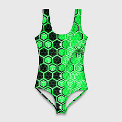 Женский купальник-боди Техно-киберпанк шестиугольники зелёный и чёрный с