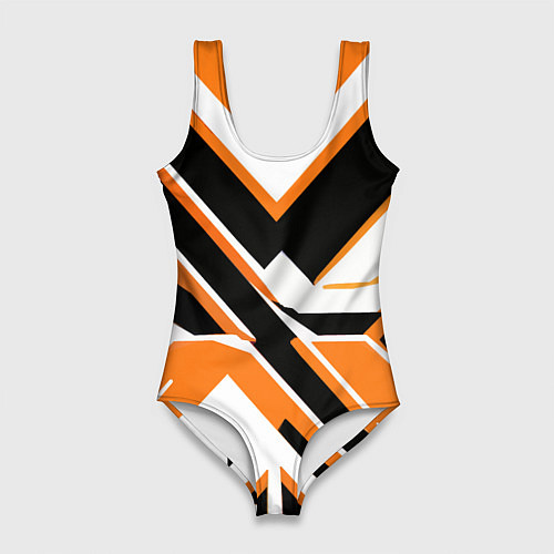 Женский купальник-боди Чёрно-оранжевые широкие линии на белом фоне / 3D-принт – фото 1