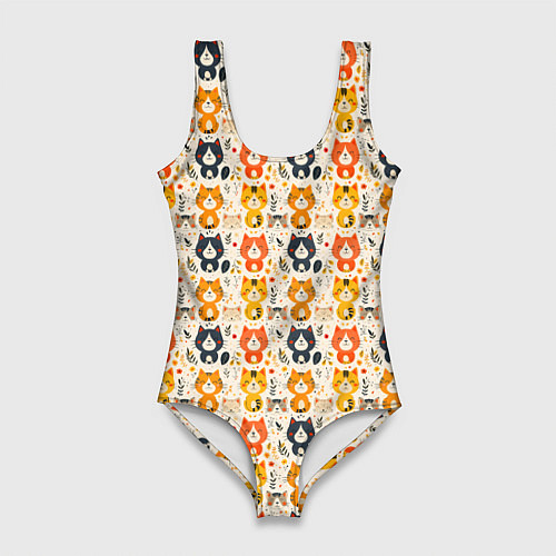 Женский купальник-боди Разноцветные котята ретро узор / 3D-принт – фото 1