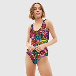 Купальник-боди 3D женский Психоделические узоры - цветные дудлы, цвет: 3D-принт — фото 2