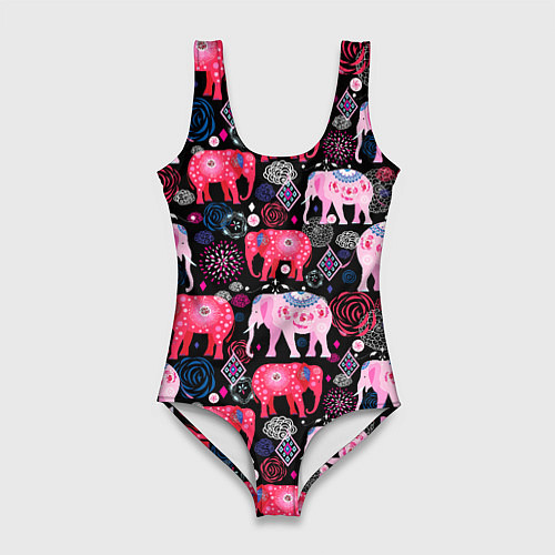 Женский купальник-боди Орнамент разноцветных слонов / 3D-принт – фото 1
