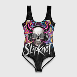 Купальник-боди 3D женский Slipknot на фоне черепа демона с рогами в очках, цвет: 3D-принт
