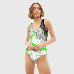 Купальник-боди 3D женский Бело-зелёная абстракция на чёрном фоне, цвет: 3D-принт — фото 2