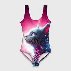 Женский купальник-боди Космический кибер котёнок - неоновое свечение