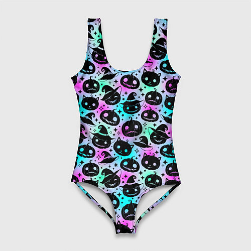 Женский купальник-боди Halloween - тыквы на неоновом фоне / 3D-принт – фото 1