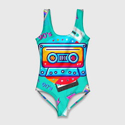 Купальник-боди 3D женский Кассеты и надпись 90s, цвет: 3D-принт
