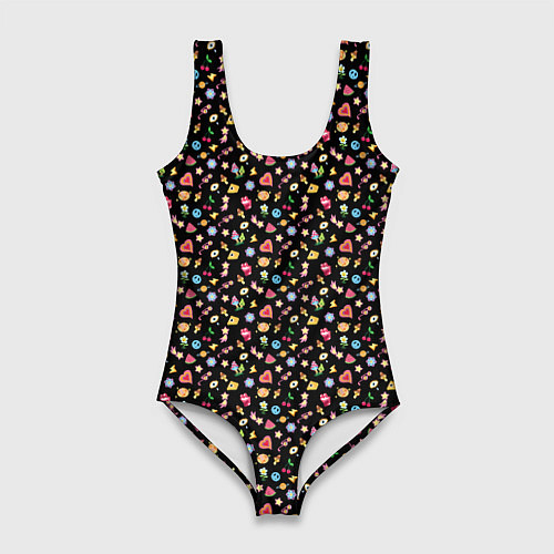 Женский купальник-боди Паттерн хиппи значки на черном фоне / 3D-принт – фото 1