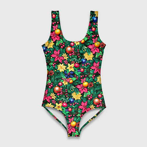 Женский купальник-боди Ёлочные шары и остролистный падуб / 3D-принт – фото 1