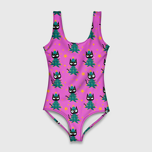 Женский купальник-боди Черный кот в костюме новогодней елки паттерн / 3D-принт – фото 1