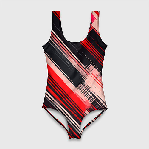 Женский купальник-боди Красные диагональные полосы на чёрном фоне / 3D-принт – фото 1
