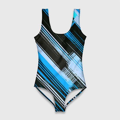 Женский купальник-боди Синие диагональные полосы на чёрном фоне / 3D-принт – фото 1