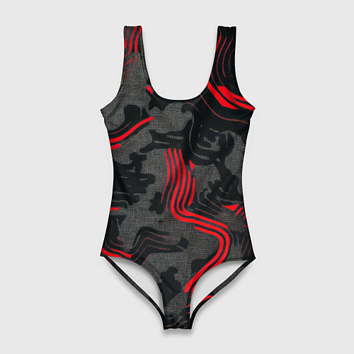 Женский купальник-боди Камуфляж черный в красную полоску / 3D-принт – фото 1