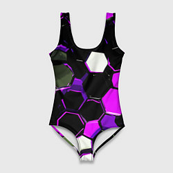 Женский купальник-боди Розово-белые шестиугольники на чёрном фоне