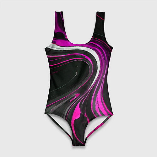 Женский купальник-боди Волнистые бело-розовые линии на чёрном фоне / 3D-принт – фото 1