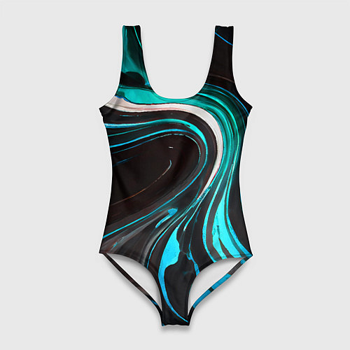 Женский купальник-боди Волнистые бело-голубые линии на чёрном фоне / 3D-принт – фото 1