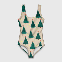 Купальник-боди 3D женский Новогодняя ель, цвет: 3D-принт