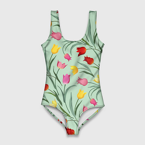Женский купальник-боди Тюльпаны цветочный паттерн на светло-зелёном фоне / 3D-принт – фото 1