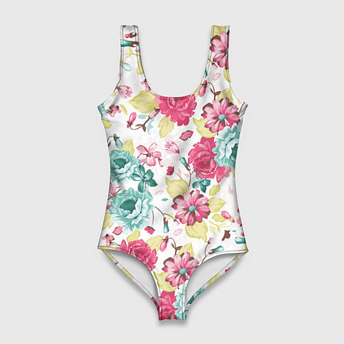 Женский купальник-боди Розы красные и бирюзовые / 3D-принт – фото 1