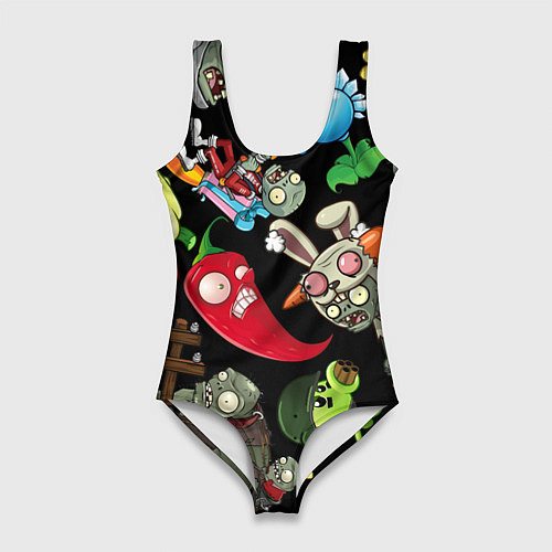 Женский купальник-боди Растения против зомби персонажи на черном / 3D-принт – фото 1