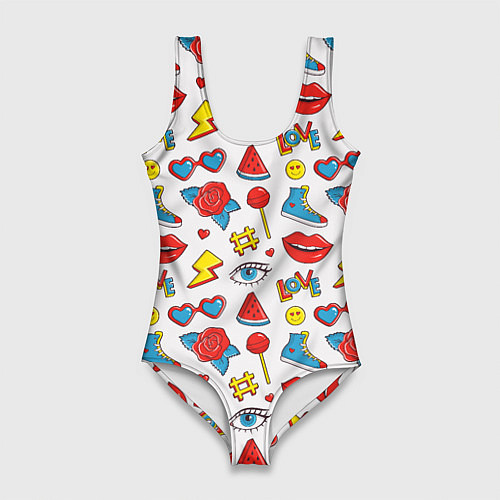Женский купальник-боди Паттерн с яркими молодежными стикерами / 3D-принт – фото 1