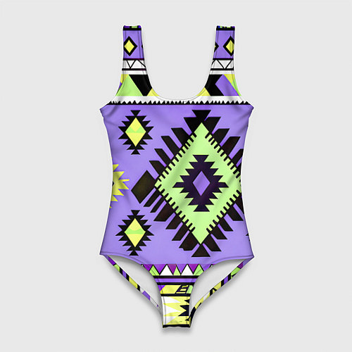 Женский купальник-боди Геометрический сиренево желтый орнамент ацтеков / 3D-принт – фото 1