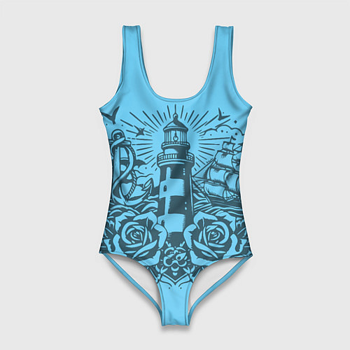 Женский купальник-боди Маяк с розами и кораблем / 3D-принт – фото 1