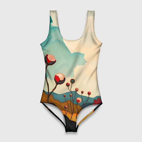 Женский купальник-боди Сюрреалистичный пейзаж с цветами / 3D-принт – фото 1