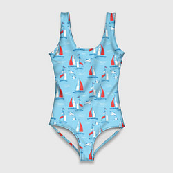 Купальник-боди 3D женский Морской паттерн с парусными лодками и чайками, цвет: 3D-принт