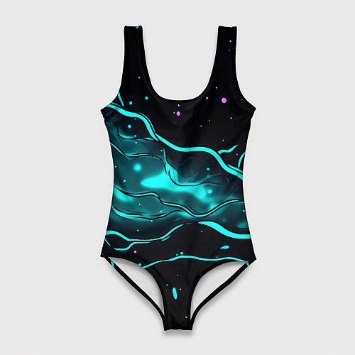 Женский купальник-боди Голубые неоновые волны текстура / 3D-принт – фото 1