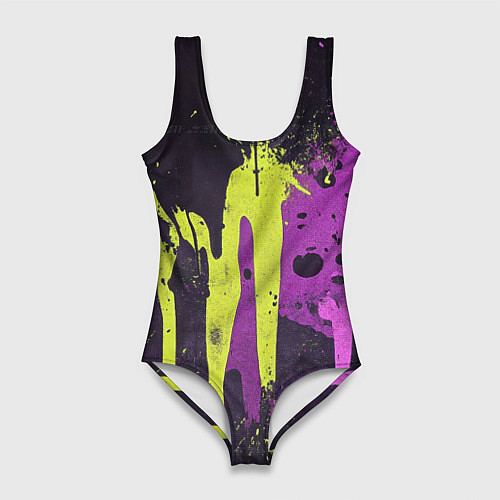 Женский купальник-боди Желтая и фиолетовая краска на черном / 3D-принт – фото 1