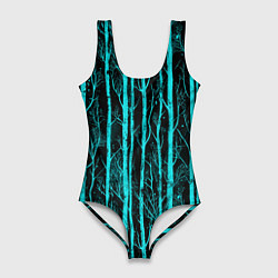 Купальник-боди 3D женский Бирюзовые полоски-деревья на темном фоне - паттерн, цвет: 3D-принт
