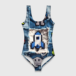 Женский купальник-боди Космический пиксельный корабль